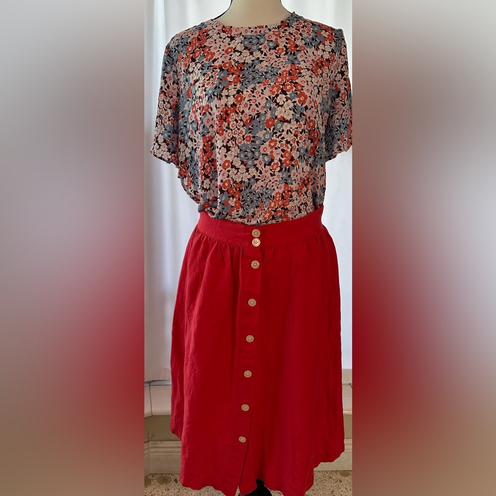 LOFT Linen Blend Button Front Midi Skirt Waist Coral Women's Size 10